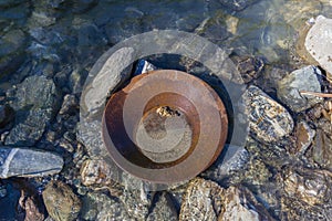 A traditional gold pan on a river