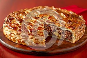Traditional Golden Brown Meat Pie with Lattice Pastry on Wooden Board Homemade Baking Concept