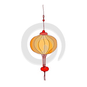 Traditional golden Chinese street lantern hanging on chord. Festive decorative collapsible paper light in China and