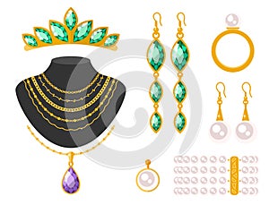 Traditional golden jewellery bangles diamond luxury fine minute precious gold jewelery vector illustration