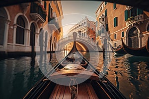 Traditional gondola on a romantic ride near the Rialto Bridge in Venice. Generative AI