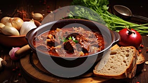 Traditional goulash soup with potatoes and beef meat