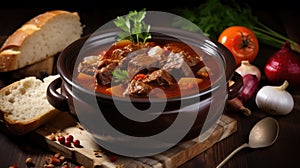 Traditional goulash soup with potatoes and beef meat