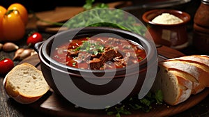 Traditional goulash soup with potatoes and beef meat