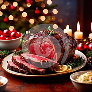 Traditional gourmet meal of roast beef, plated with festive Christmas decoration for holiday meal