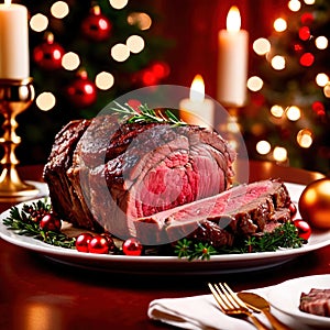 Traditional gourmet meal of roast beef, plated with festive Christmas decoration for holiday meal