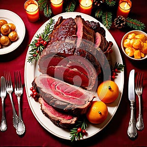 Traditional gourmet meal of roast beef, plated with festive Christmas decoration for holiday meal