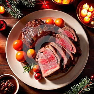 Traditional gourmet meal of roast beef, plated with festive Christmas decoration for holiday meal