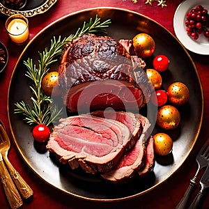 Traditional gourmet meal of roast beef, plated with festive Christmas decoration for holiday meal