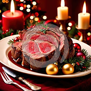 Traditional gourmet meal of roast beef, plated with festive Christmas decoration for holiday meal