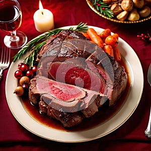 Traditional gourmet meal of roast beef, plated with festive Christmas decoration for holiday meal