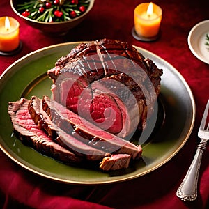 Traditional gourmet meal of roast beef, plated with festive Christmas decoration for holiday meal