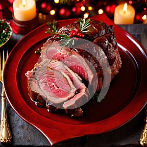 Traditional gourmet meal of roast beef, plated with festive Christmas decoration for holiday meal
