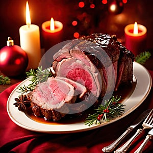 Traditional gourmet meal of roast beef, plated with festive Christmas decoration for holiday meal