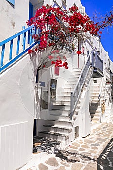 traditional Greece. Mykonos island. Charming colorful floral streets
