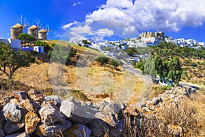 Traditional Greece - Patmos island. View of old windmills and monastrey