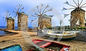 Traditional Greece series - old windmills over the sea in Chios island