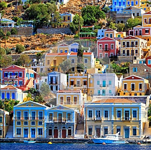 Traditional greek colorful houses in Symi island. Dodecanese, Greece.