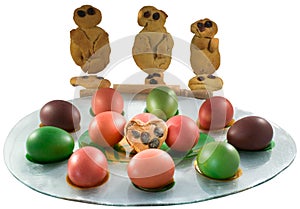 Traditional Greek cookies â€œLazarakiaâ€ with Easter colored eggs.