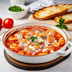 Traditional Greek cuisine, delicious appetizer Saganaki shrimp in red sauce, served only hot on the table
