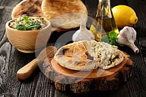 Traditional greek eggplant spread dip with pita bread.