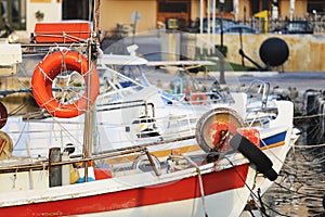 Traditional Greek fishing boats in the harbor, Rethymno , Crete