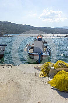 Traditional Greek fishing boats in Samos port on Samos island, Greece