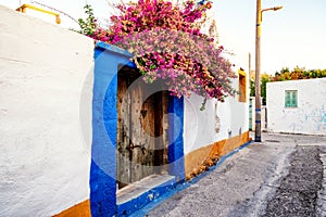 Traditional greek house with blooming flower in village Archangelos in Rhodes, Greece