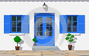 Traditional greek house facade with double door and windows front view