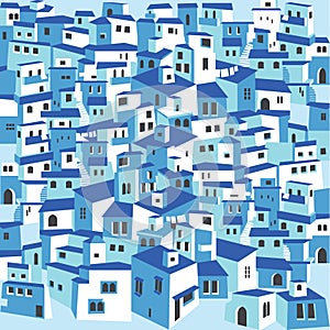 Traditional greek island town village white houses blue roofs