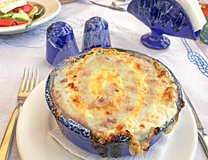 traditional greek moussaka cooked in a casserole in Greece