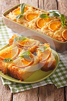 Traditional Greek Orange Pie With Phyllo - Portokalopita close-up. Vertical