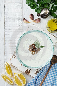 Traditional Greek sauce Tzatziki. Yogurt, cucumber, dill, garlic and salt oil in a ceramic bowl on a light wooden background.