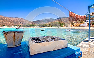 Traditional greek sea food, octopus, drying in the sun, Milopotas, Ios island, Cyclades.