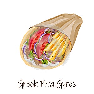 Traditional Greek souvlaki Pita Gyros on a white background