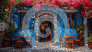 Traditional Greek street cafe with flowers. AI generate illustration