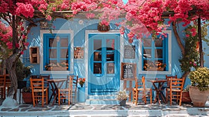 Traditional Greek street cafe with flowers. AI generate illustration