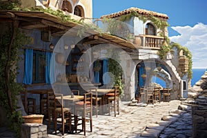 Traditional Greek tavern near sea. Generate Ai