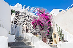 Traditional Greek whitewashed stone house, Santorini island, Greece.