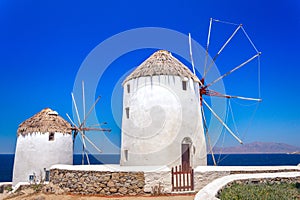 Traditional greek windmills on Mykonos island, Cyclades.