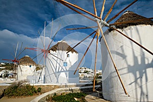 Traditional greek windmills on Mykonos island at sunrise, Cyclades, Greece