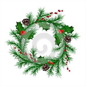 Traditional green christmas fir wreath with cones, holly berry or winterberry with red berries. isolated