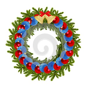 Traditional green christmas wreath with balls and gold bells iso