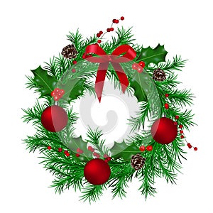 Traditional green christmas wreath with cones, holly berry, red metallic ribbon, fir, christmas balls