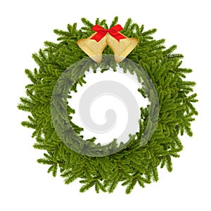 Traditional green christmas wreath with golden bells isolated on