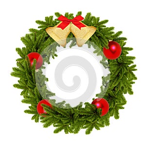 traditional green christmas wreath with golden bells and red balls isolated on white background. festive decoration