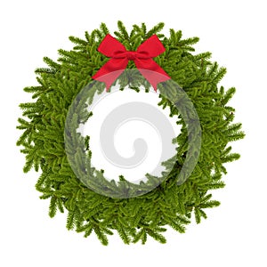 Traditional green christmas wreath with red bow isolated on whit