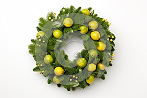 Traditional green Christmas wreath on a white background. Festive decoration