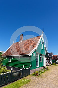 Traditional green Dutch historic house at the Zaanse Schans