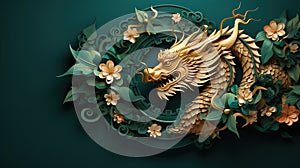 Traditional green with gold chinese dragon with copy space. New Year of the Dragon 2024